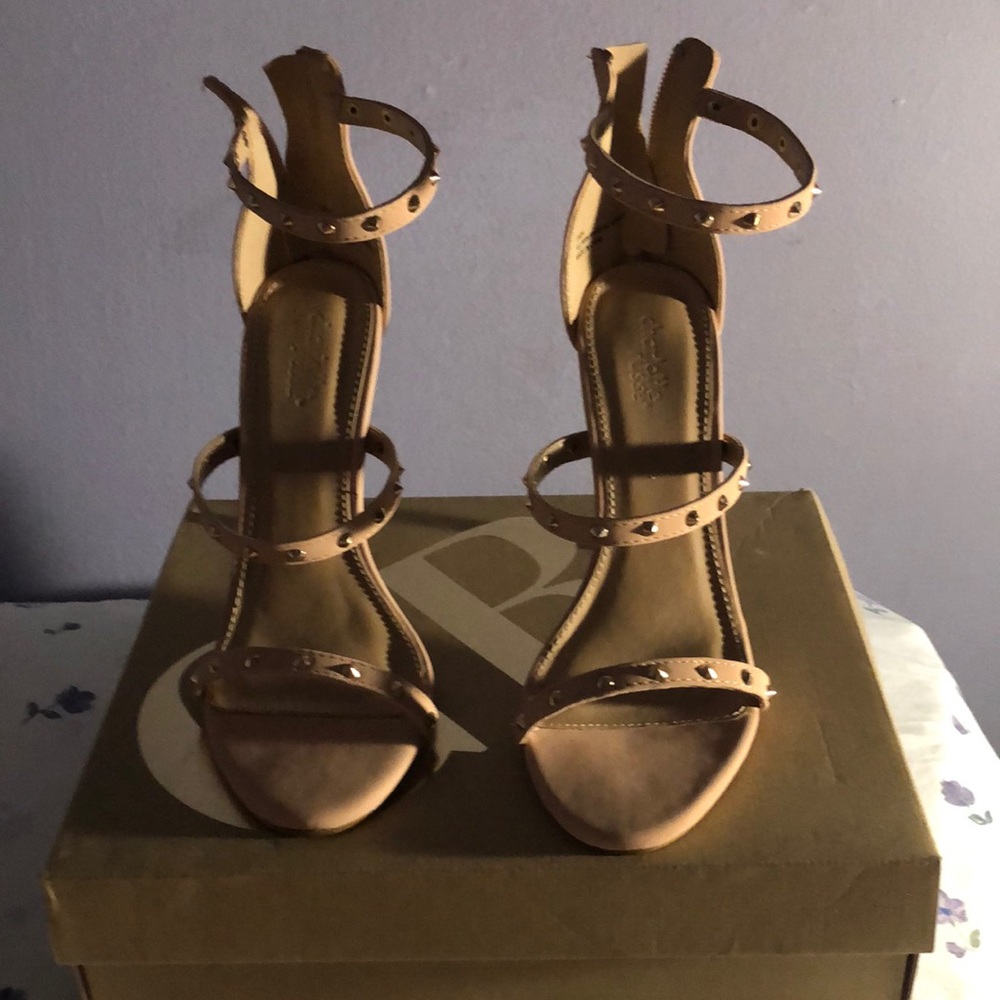 Dusty pink strappy heels that zip up in the back
